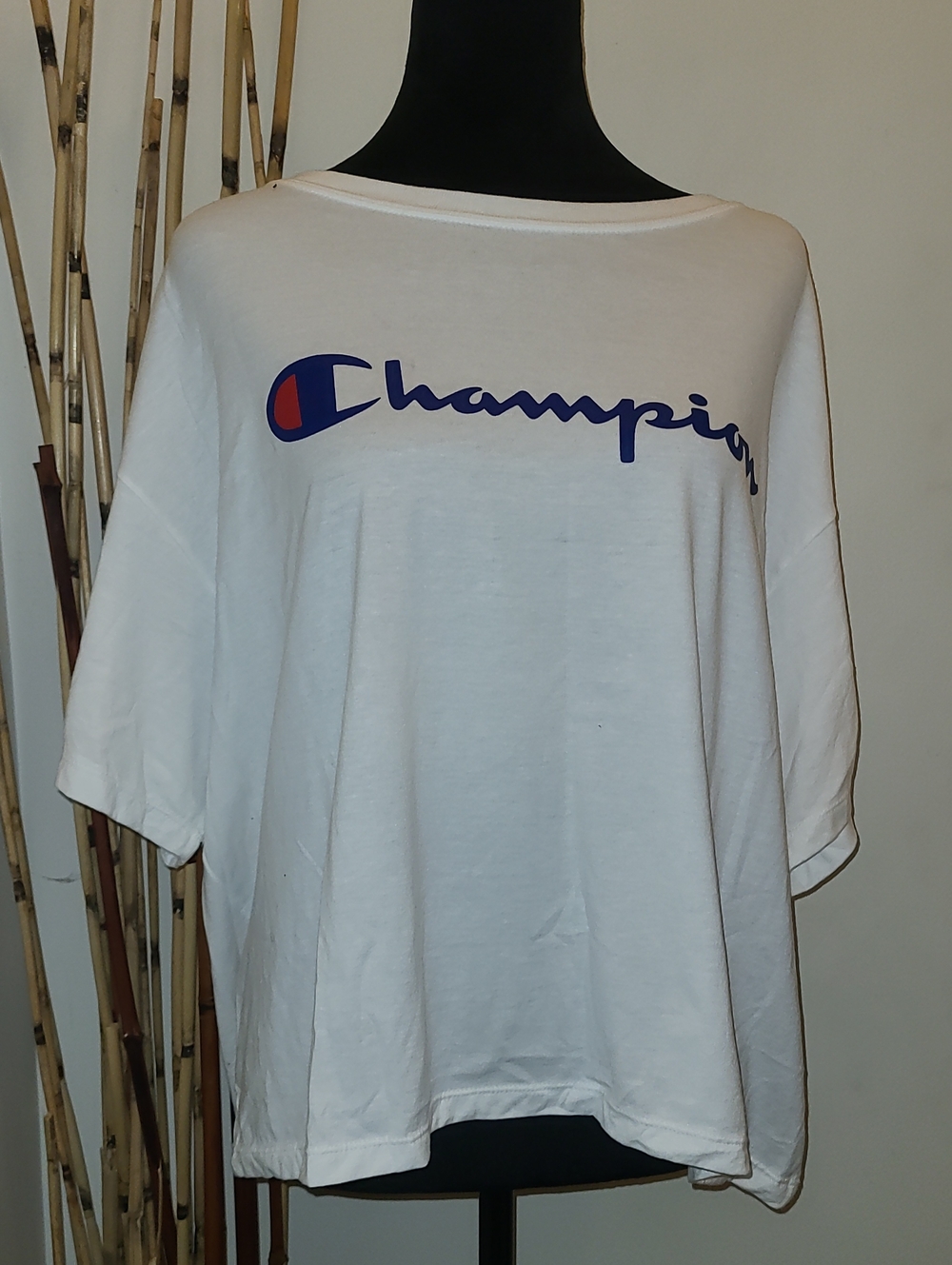 Champion White Crop Tee with Blue and Red Script Logo